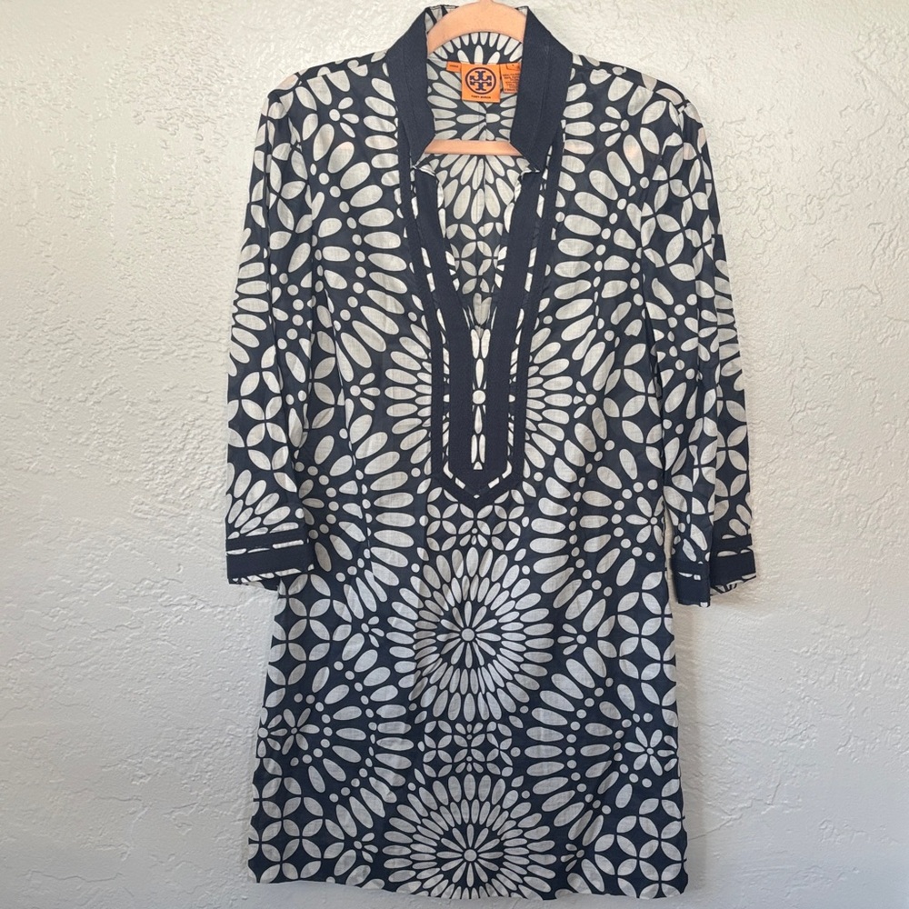 Tory Burch Navy and White Floral Medallion Cotton Swim Cover Up Tunic 8